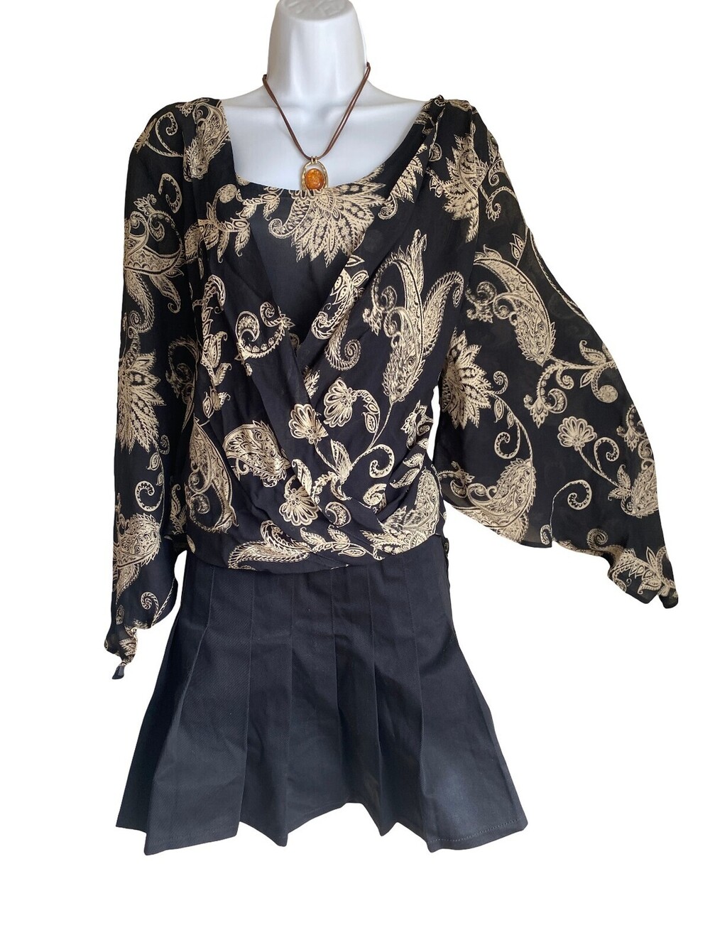 Vintage Karen Kane Plus XL Black Beige Paisley Boho Whimsigoth Goth Tunic Blouse